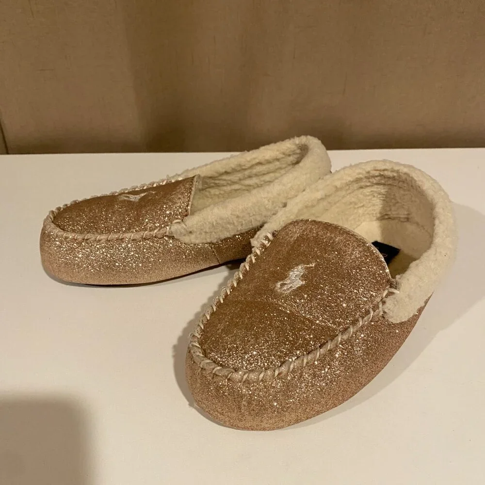Polo Ralph Lauren Kids Gold Glitter Slippers‎ Pony Logo Size 2 Fuzzy Lined